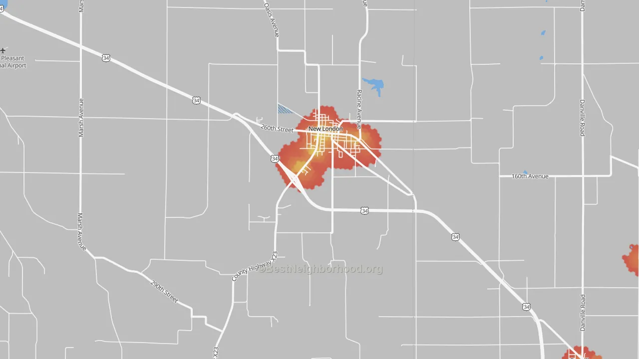 Walk Grade map of 52645, IA, walkable areas in green and car-dependent areas in red