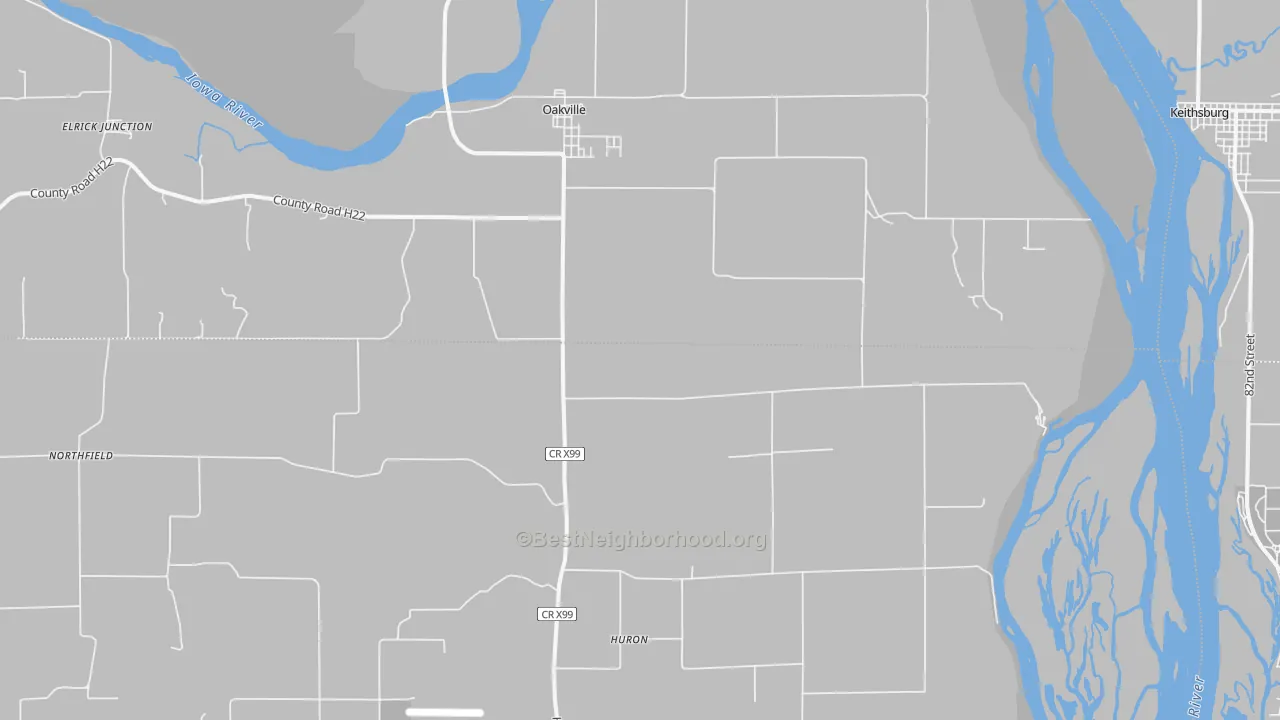 Walk Grade map of 52646, IA, walkable areas in green and car-dependent areas in red