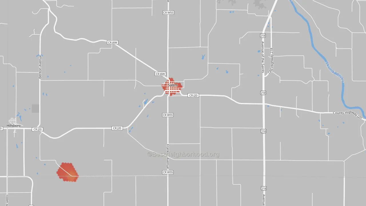 Walk Grade map of 52649, IA, walkable areas in green and car-dependent areas in red