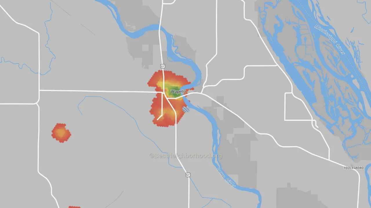 Walk Grade map of 52653, IA, walkable areas in green and car-dependent areas in red