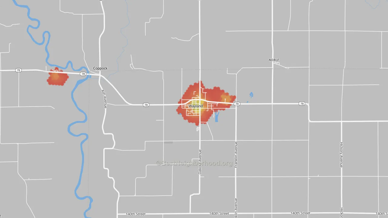 Walk Grade map of 52654, IA, walkable areas in green and car-dependent areas in red