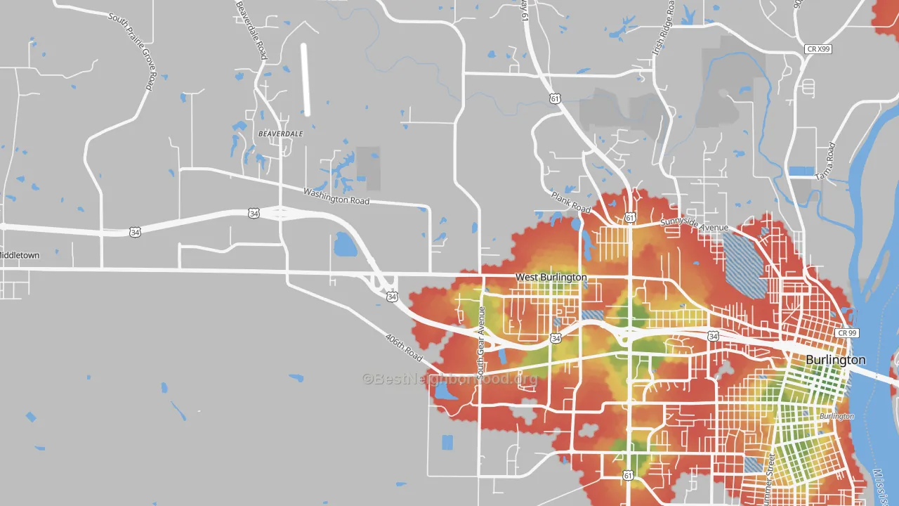 Walk Grade map of 52655, IA, walkable areas in green and car-dependent areas in red
