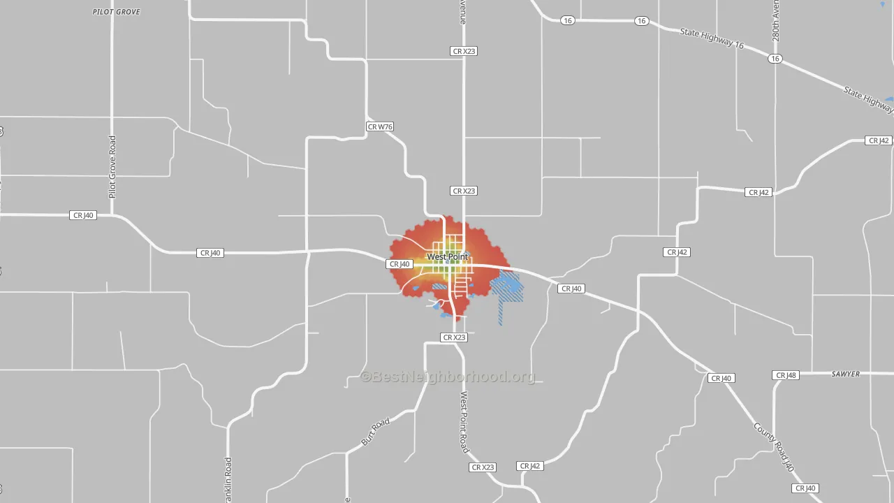 Walk Grade map of 52656, IA, walkable areas in green and car-dependent areas in red