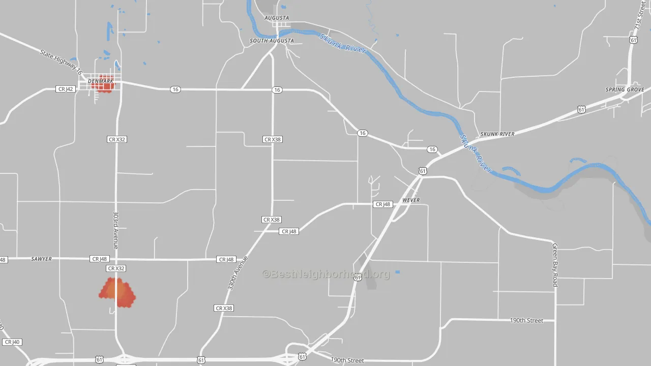 Walk Grade map of 52658, IA, walkable areas in green and car-dependent areas in red