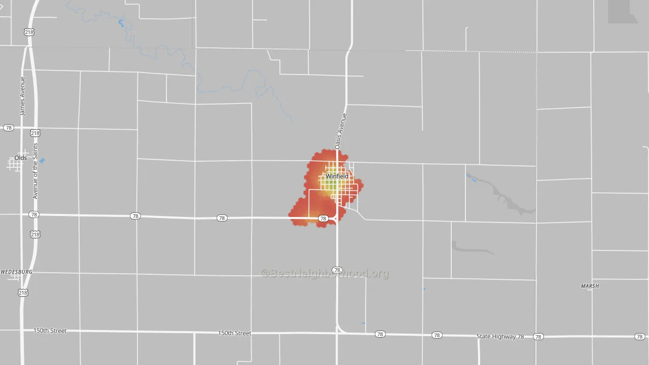 Walk Grade map of 52659, IA, walkable areas in green and car-dependent areas in red