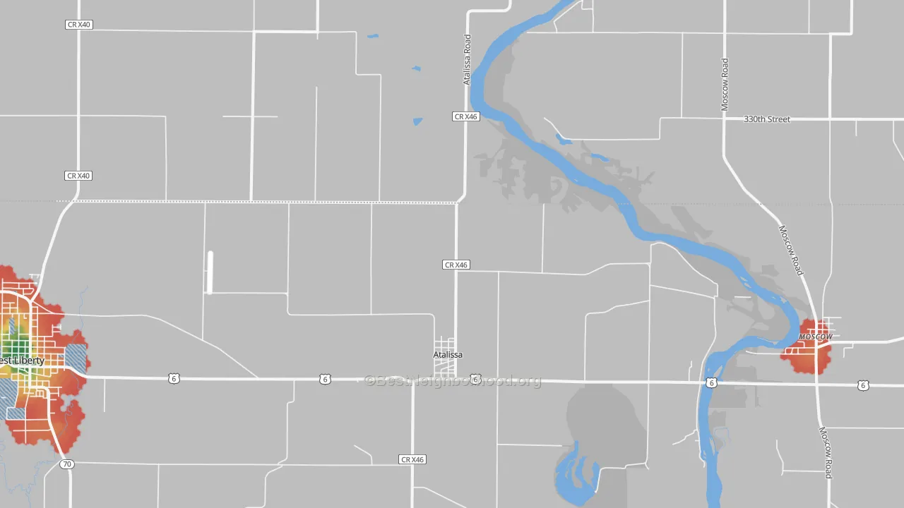 Walk Grade map of 52720, IA, walkable areas in green and car-dependent areas in red