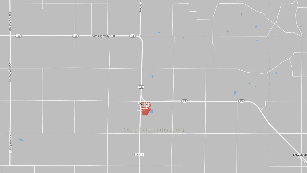 Walk Grade map of 52721, IA, walkable areas in green and car-dependent areas in red