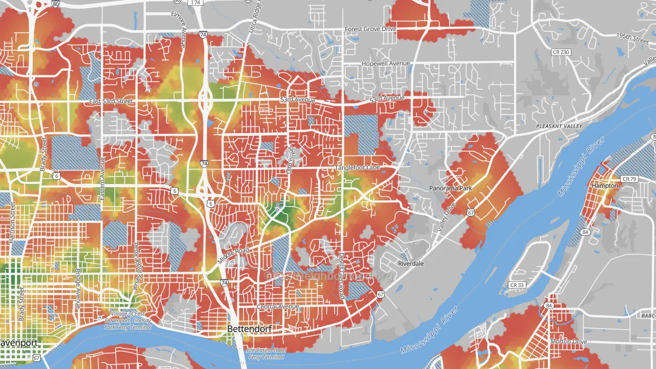Walk Grade map of 52722, IA, walkable areas in green and car-dependent areas in red