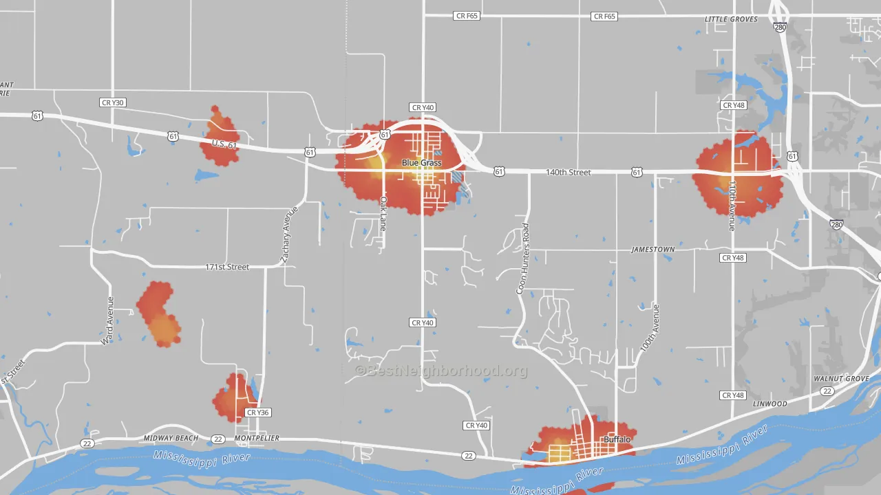 Walk Grade map of 52726, IA, walkable areas in green and car-dependent areas in red