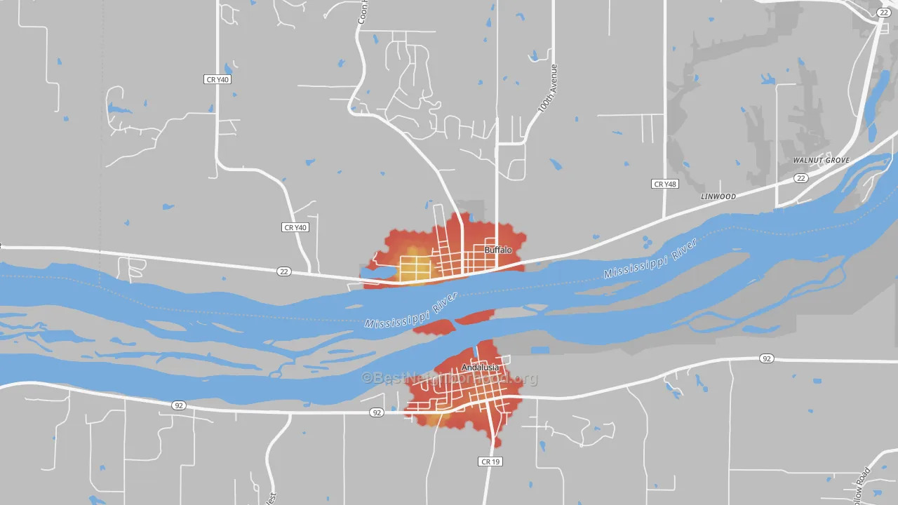 Walk Grade map of 52728, IA, walkable areas in green and car-dependent areas in red