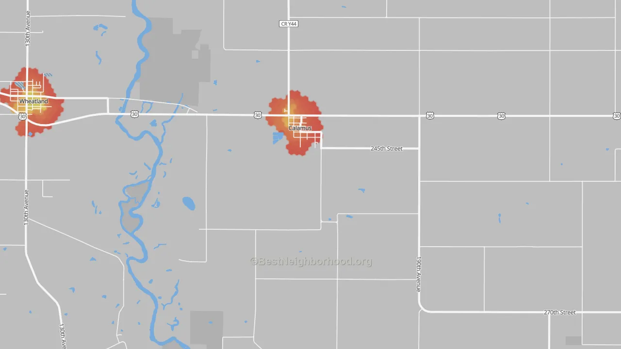 Walk Grade map of 52729, IA, walkable areas in green and car-dependent areas in red