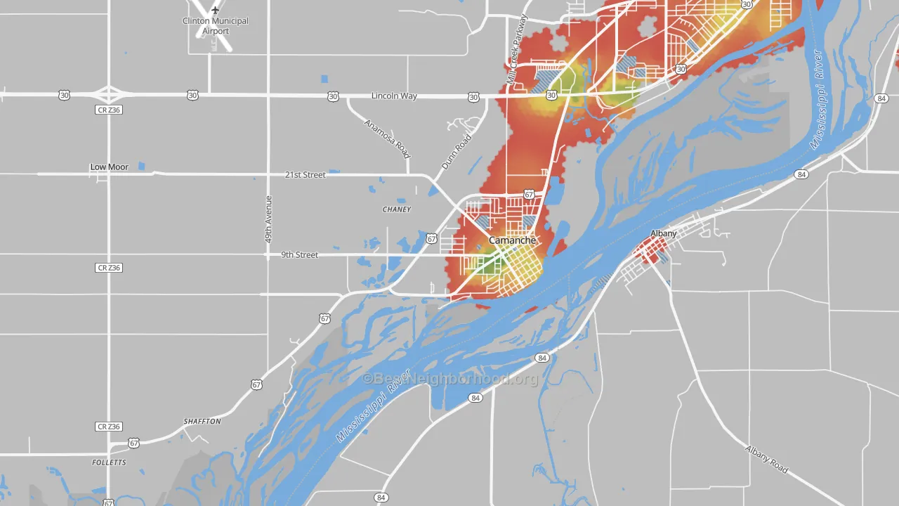 Walk Grade map of 52730, IA, walkable areas in green and car-dependent areas in red