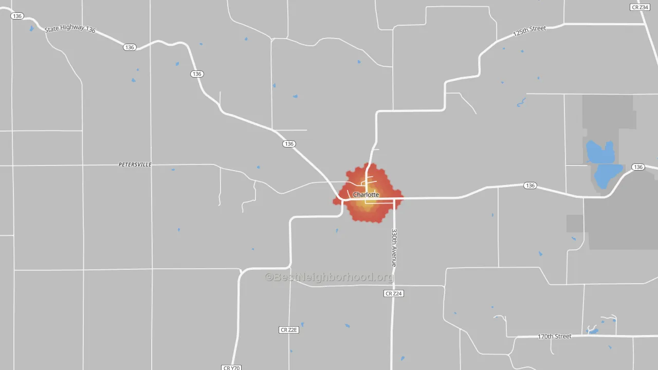 Walk Grade map of 52731, IA, walkable areas in green and car-dependent areas in red