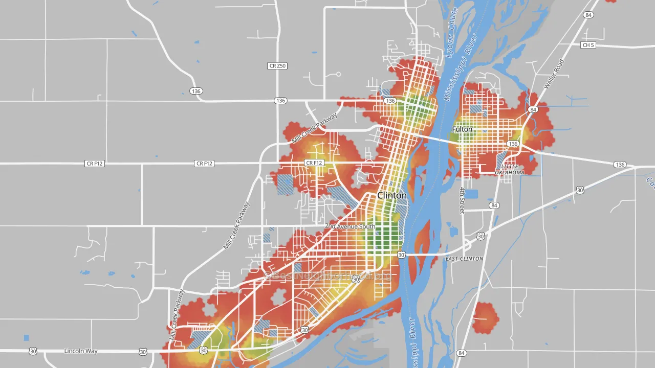 Walk Grade map of 52732, IA, walkable areas in green and car-dependent areas in red