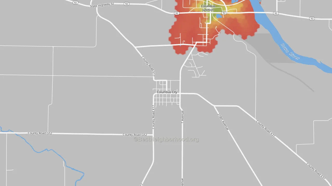 Walk Grade map of 52737, IA, walkable areas in green and car-dependent areas in red