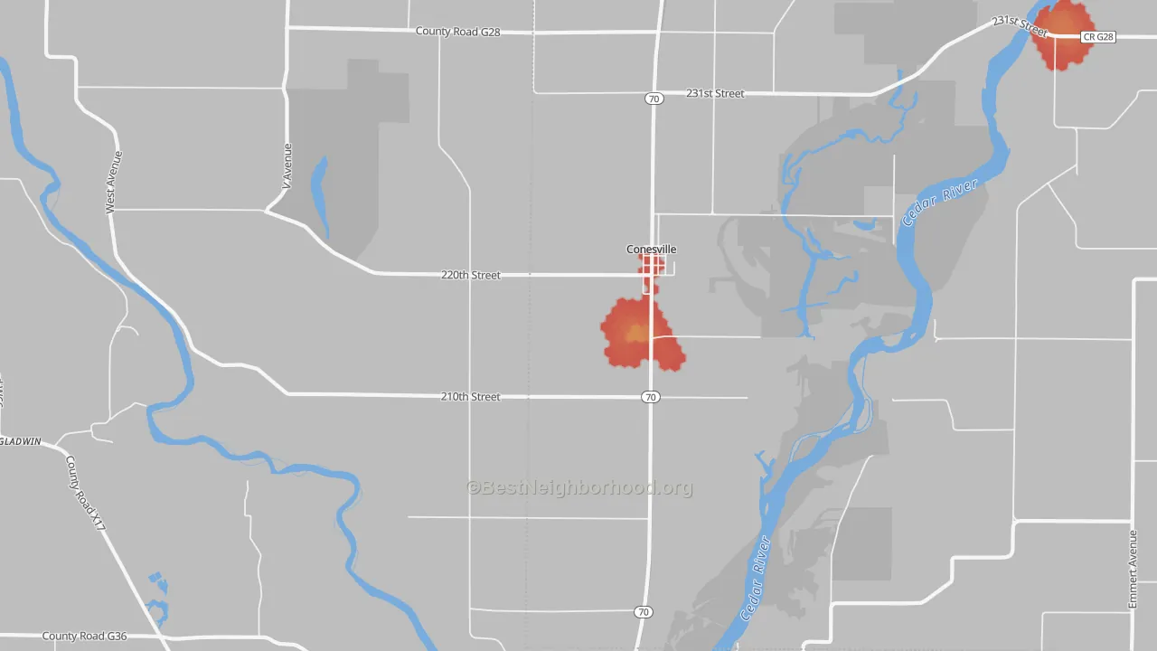 Walk Grade map of 52739, IA, walkable areas in green and car-dependent areas in red
