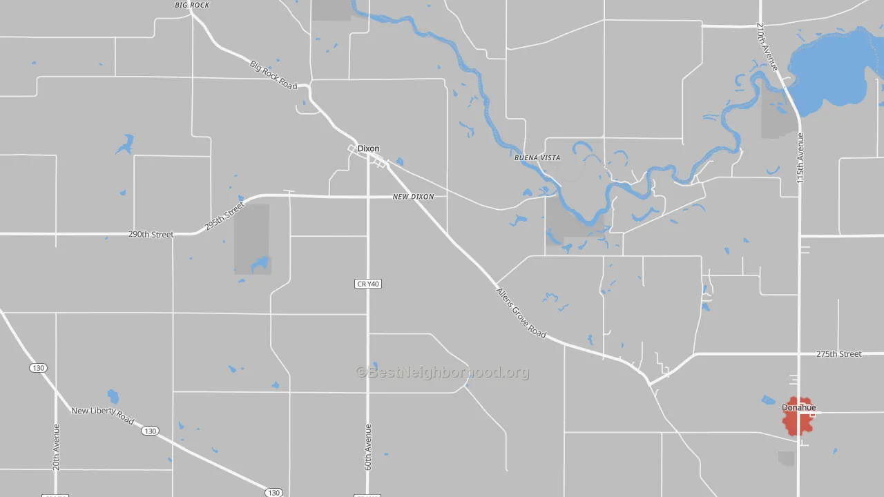 Walk Grade map of 52745, IA, walkable areas in green and car-dependent areas in red