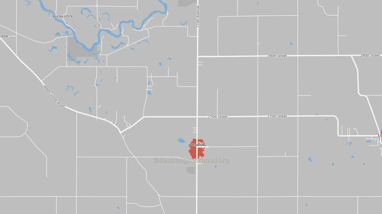 Walk Grade map of 52746, IA, walkable areas in green and car-dependent areas in red
