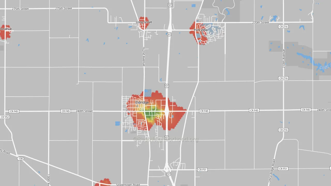 Walk Grade map of 52748, IA, walkable areas in green and car-dependent areas in red