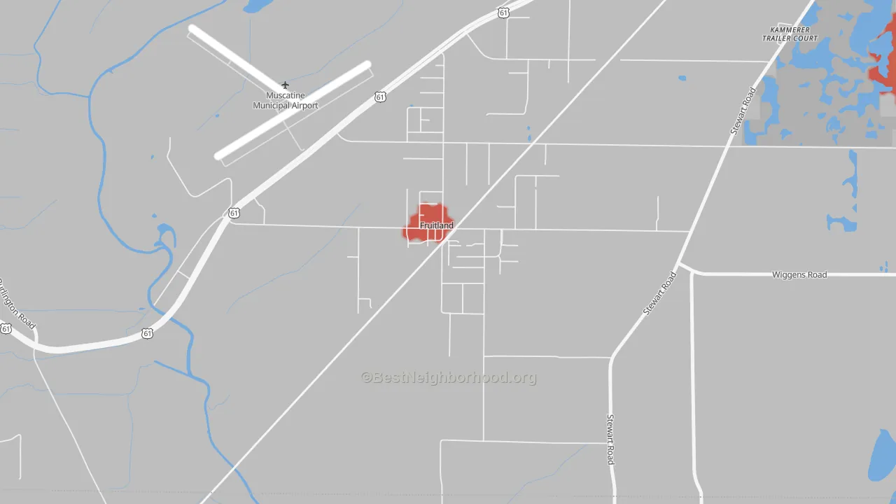 Walk Grade map of 52749, IA, walkable areas in green and car-dependent areas in red