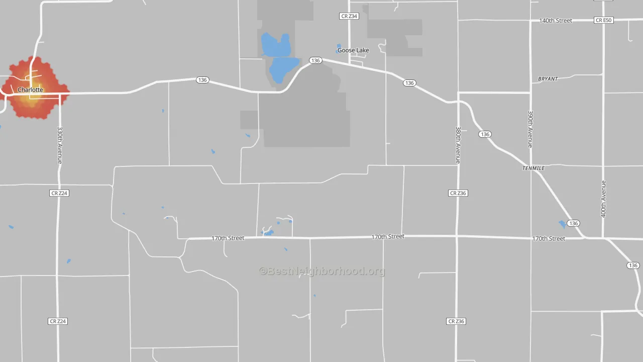Walk Grade map of 52750, IA, walkable areas in green and car-dependent areas in red