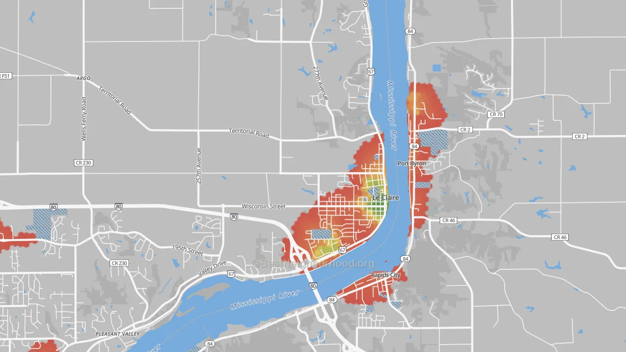 Walk Grade map of 52753, IA, walkable areas in green and car-dependent areas in red