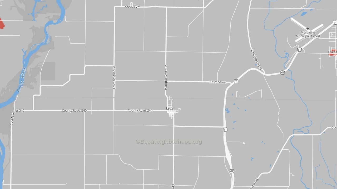 Walk Grade map of 52754, IA, walkable areas in green and car-dependent areas in red