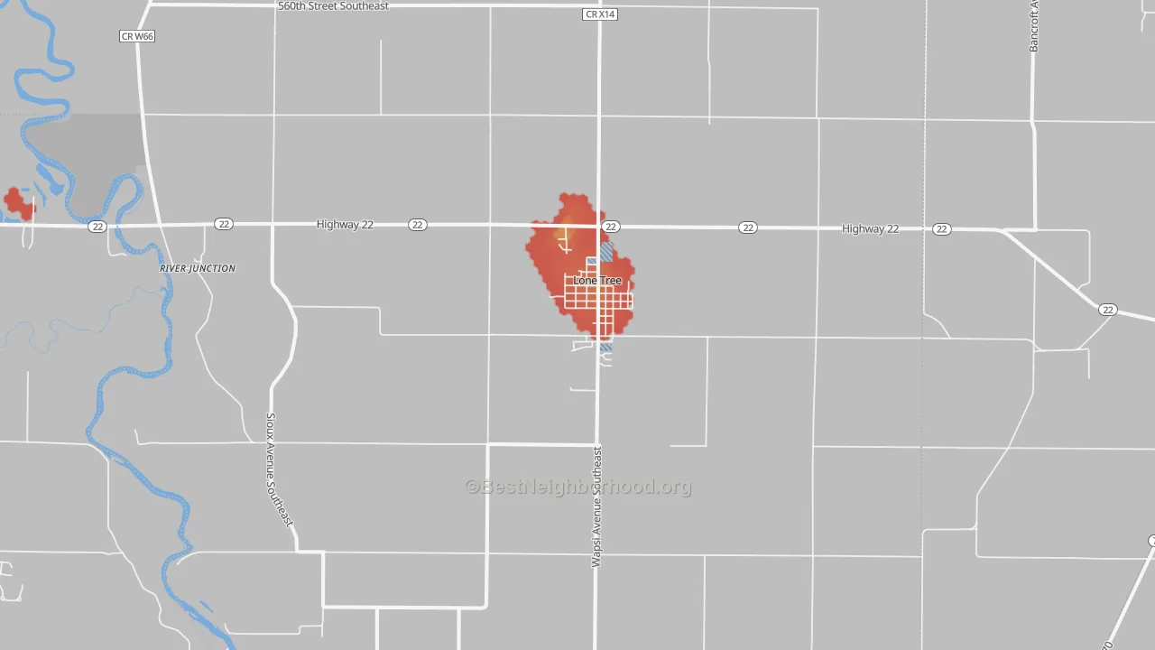 Walk Grade map of 52755, IA, walkable areas in green and car-dependent areas in red