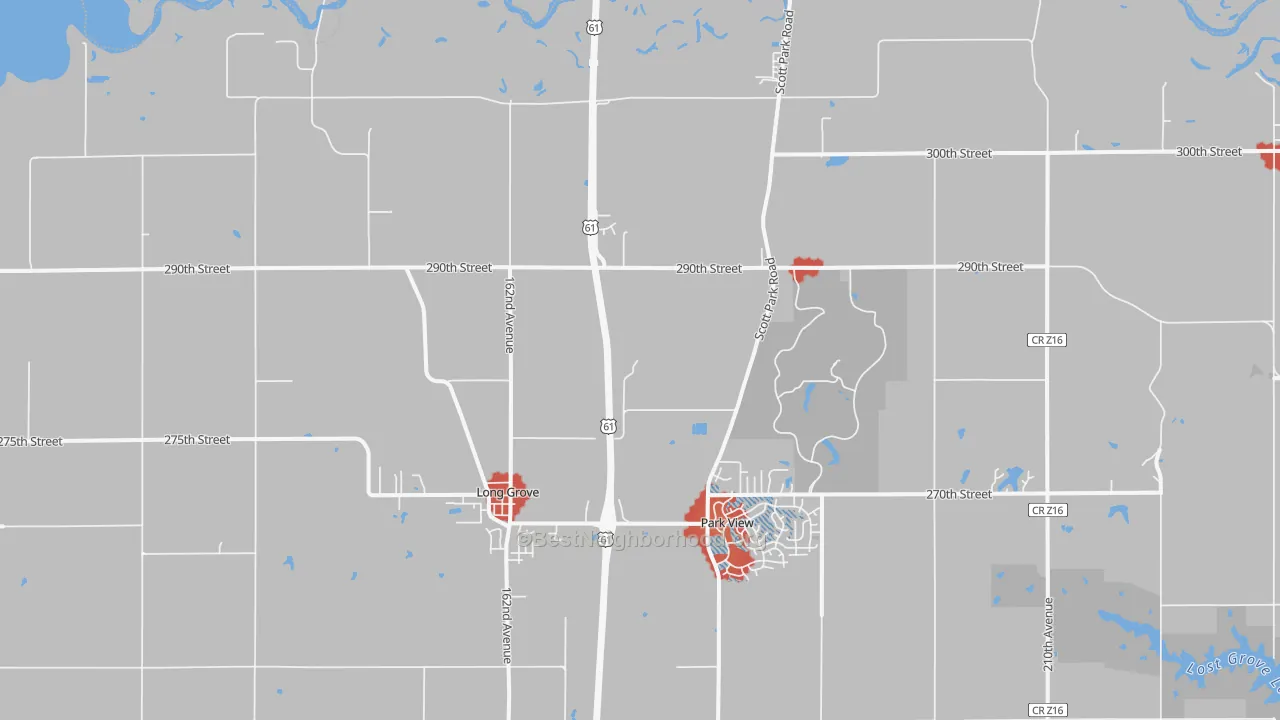 Walk Grade map of 52756, IA, walkable areas in green and car-dependent areas in red