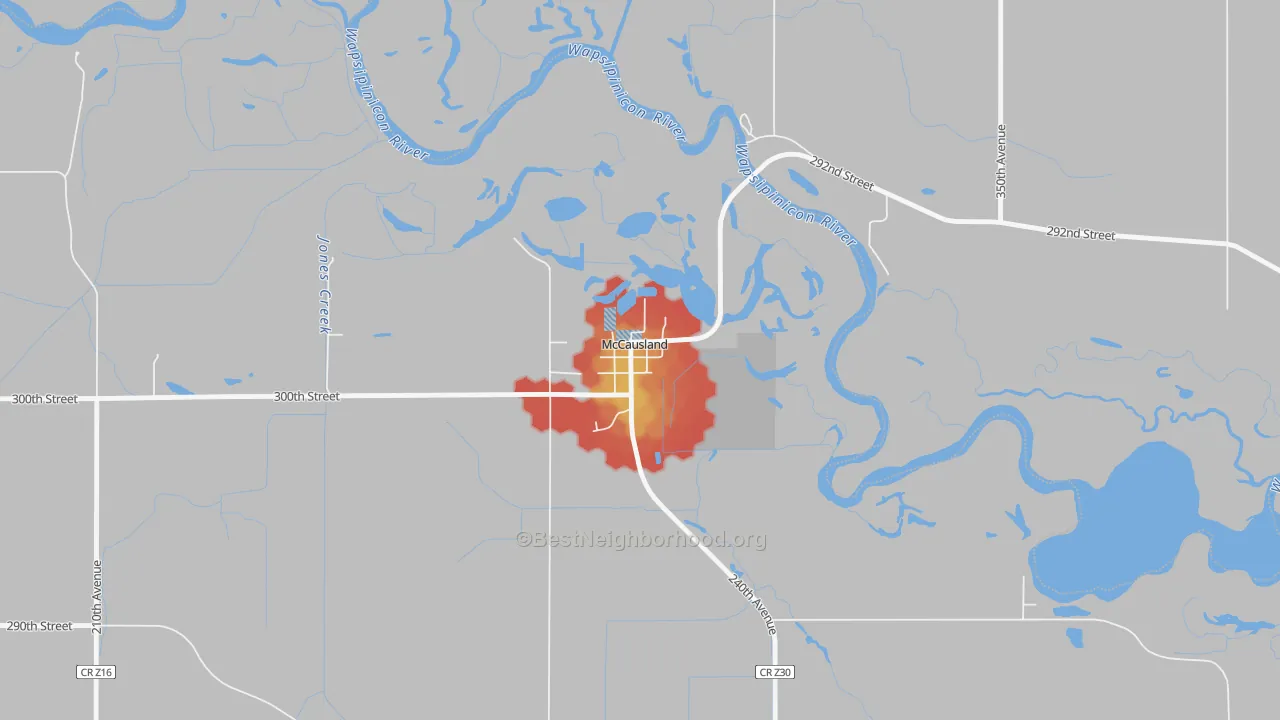 Walk Grade map of 52758, IA, walkable areas in green and car-dependent areas in red