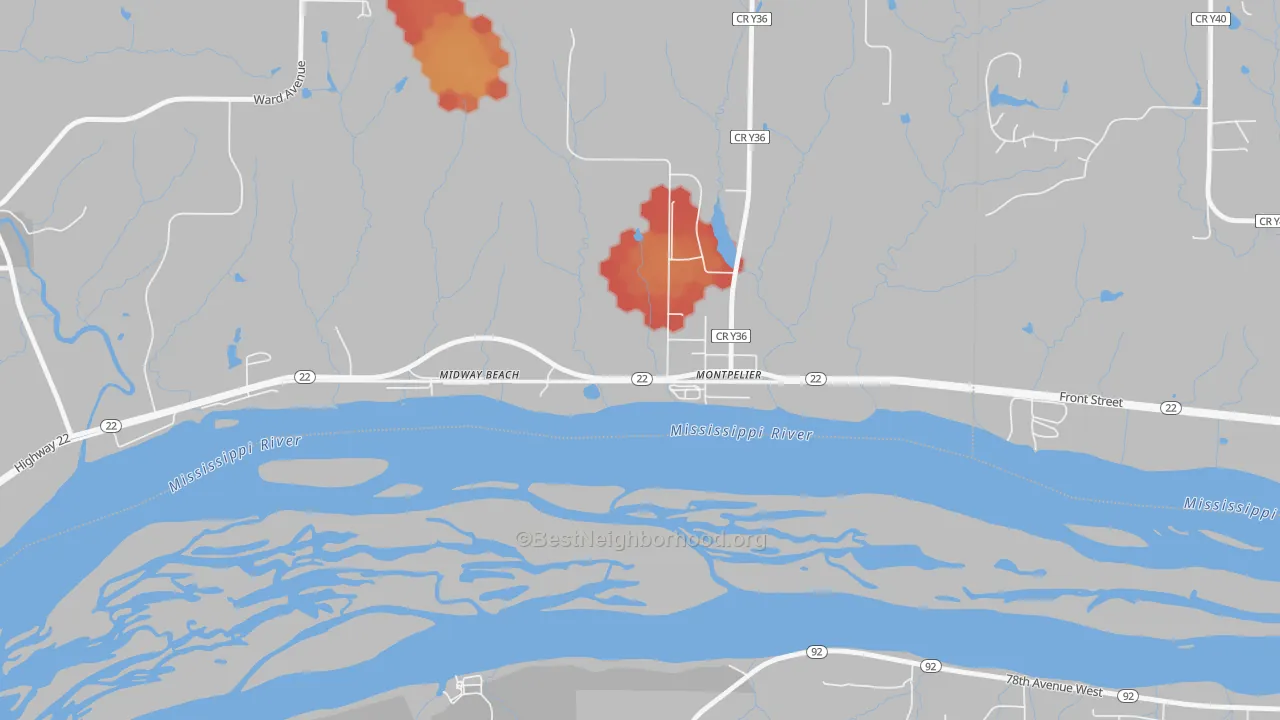 Walk Grade map of 52759, IA, walkable areas in green and car-dependent areas in red