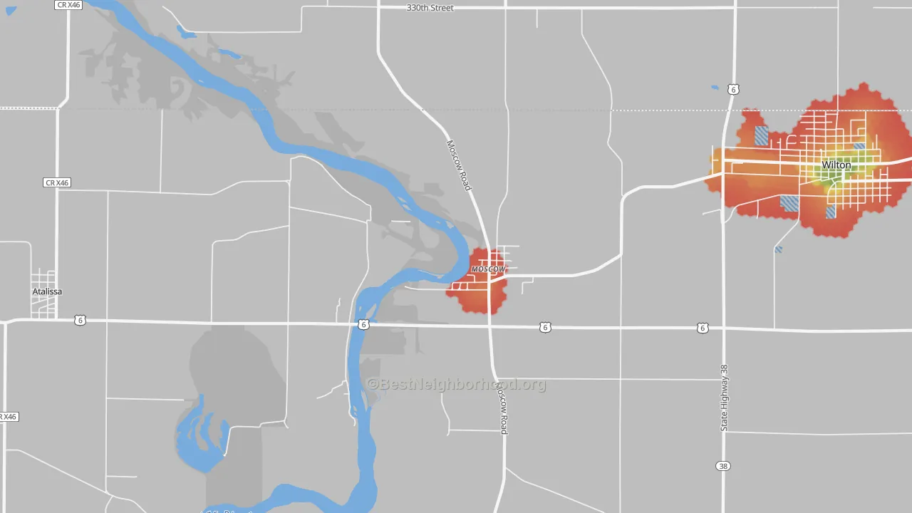 Walk Grade map of 52760, IA, walkable areas in green and car-dependent areas in red