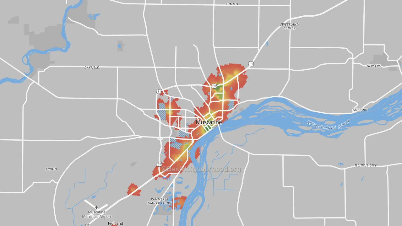 Walk Grade map of 52761, IA, walkable areas in green and car-dependent areas in red
