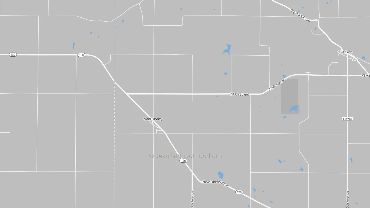 Walk Grade map of 52765, IA, walkable areas in green and car-dependent areas in red