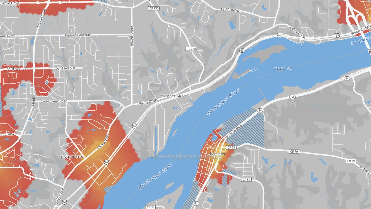 Walk Grade map of 52767, IA, walkable areas in green and car-dependent areas in red