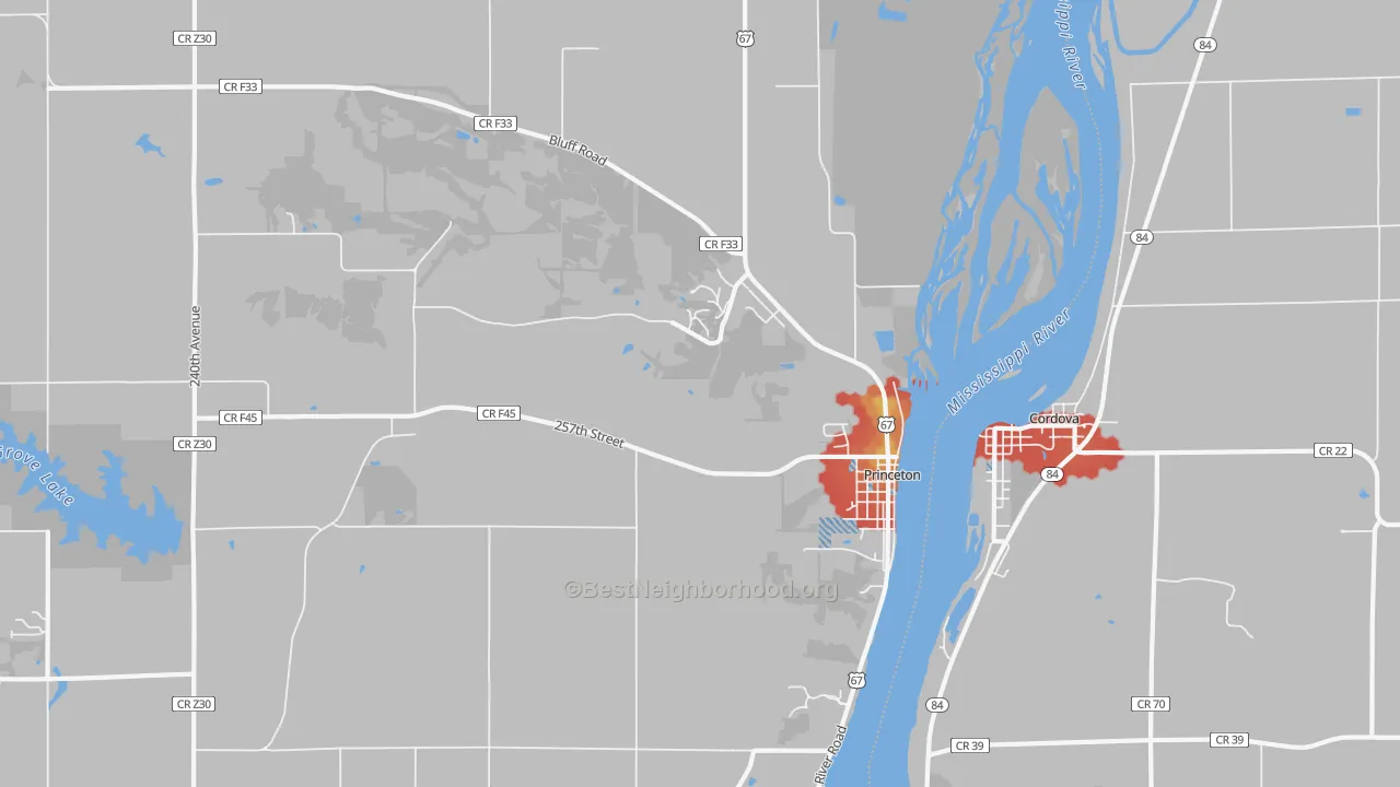 Walk Grade map of 52768, IA, walkable areas in green and car-dependent areas in red