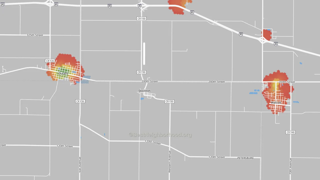 Walk Grade map of 52769, IA, walkable areas in green and car-dependent areas in red