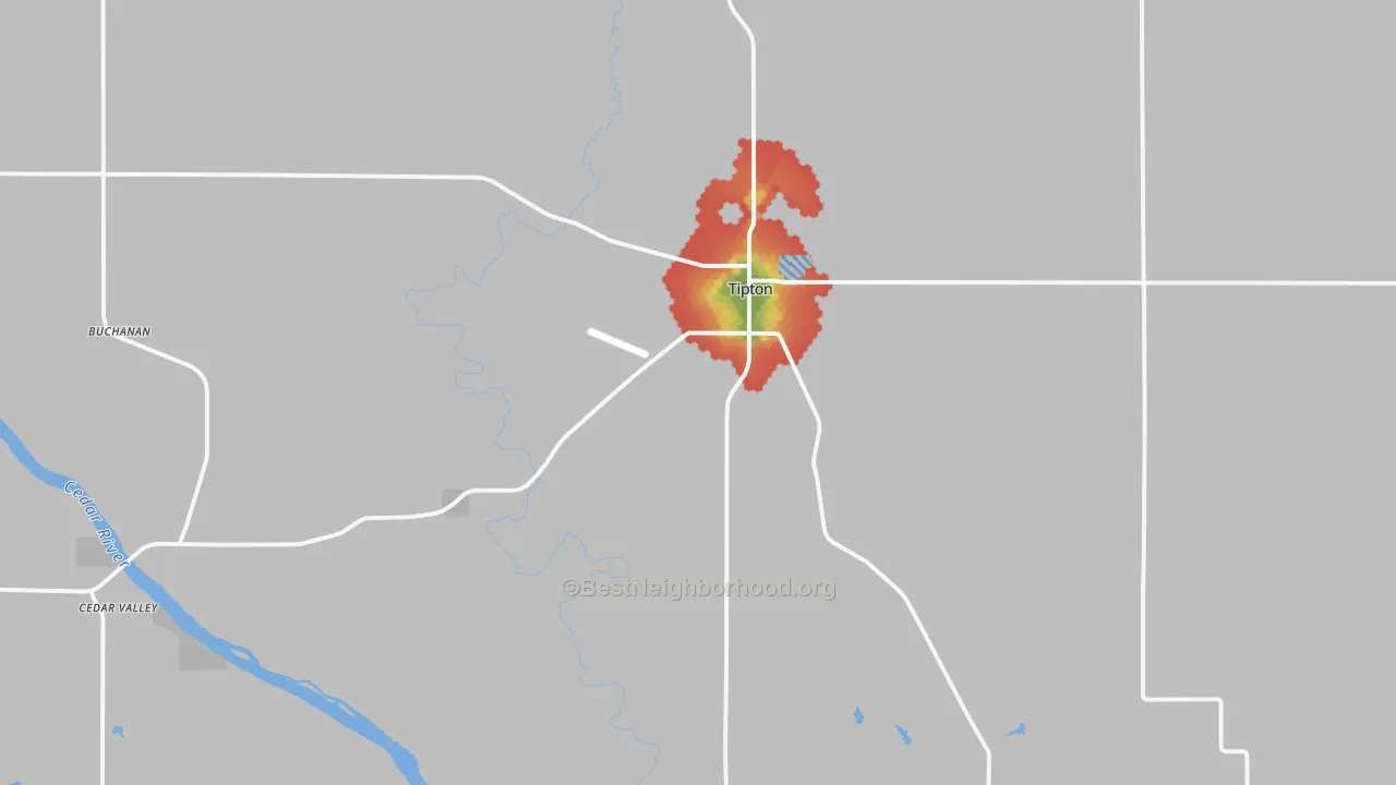 Walk Grade map of 52772, IA, walkable areas in green and car-dependent areas in red