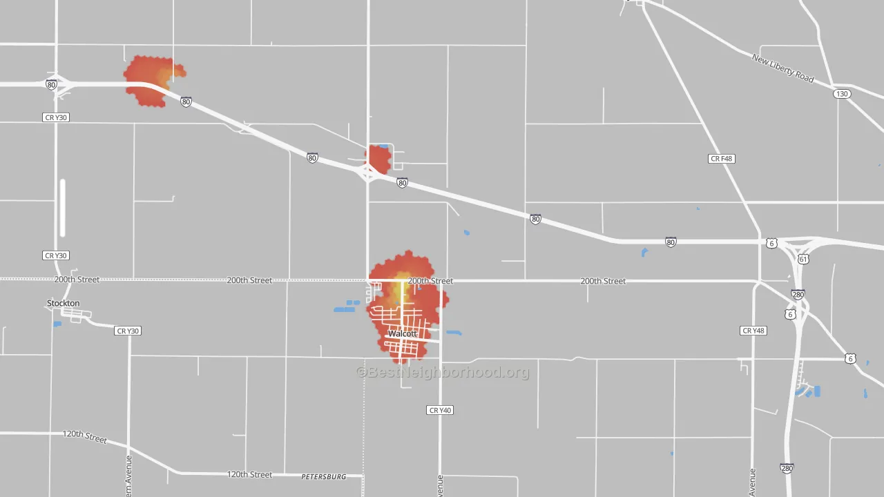 Walk Grade map of 52773, IA, walkable areas in green and car-dependent areas in red