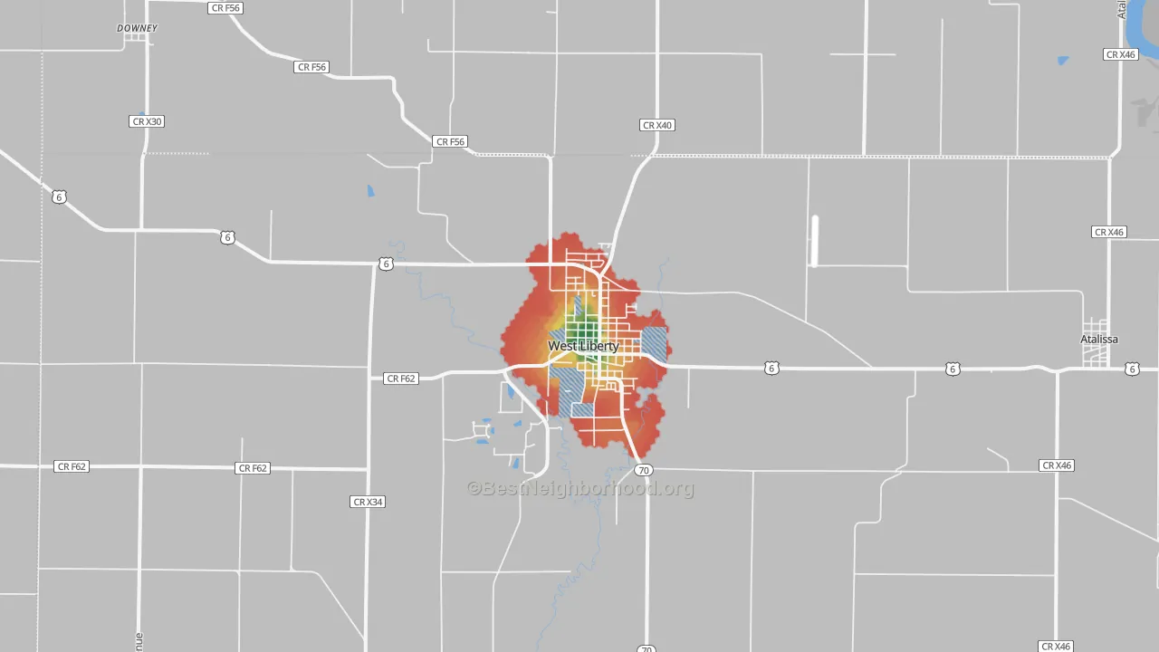 Walk Grade map of 52776, IA, walkable areas in green and car-dependent areas in red