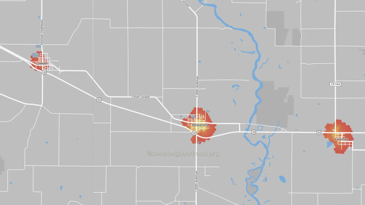 Walk Grade map of 52777, IA, walkable areas in green and car-dependent areas in red