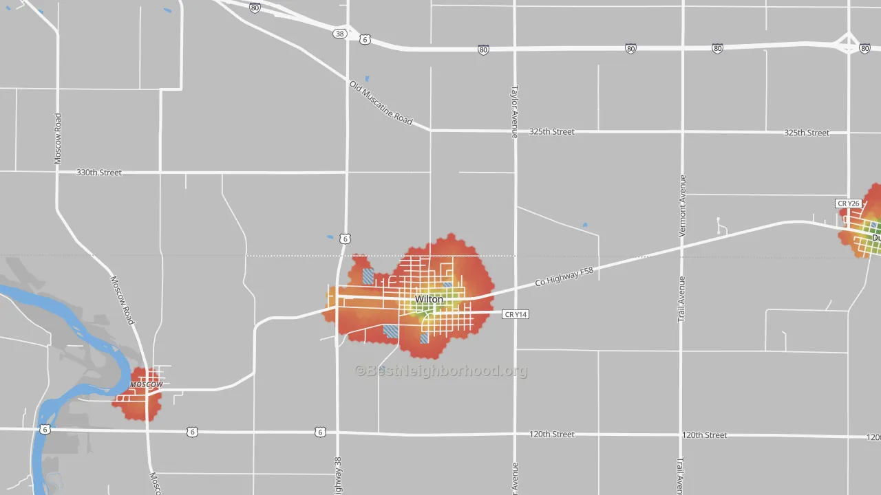 Walk Grade map of 52778, IA, walkable areas in green and car-dependent areas in red