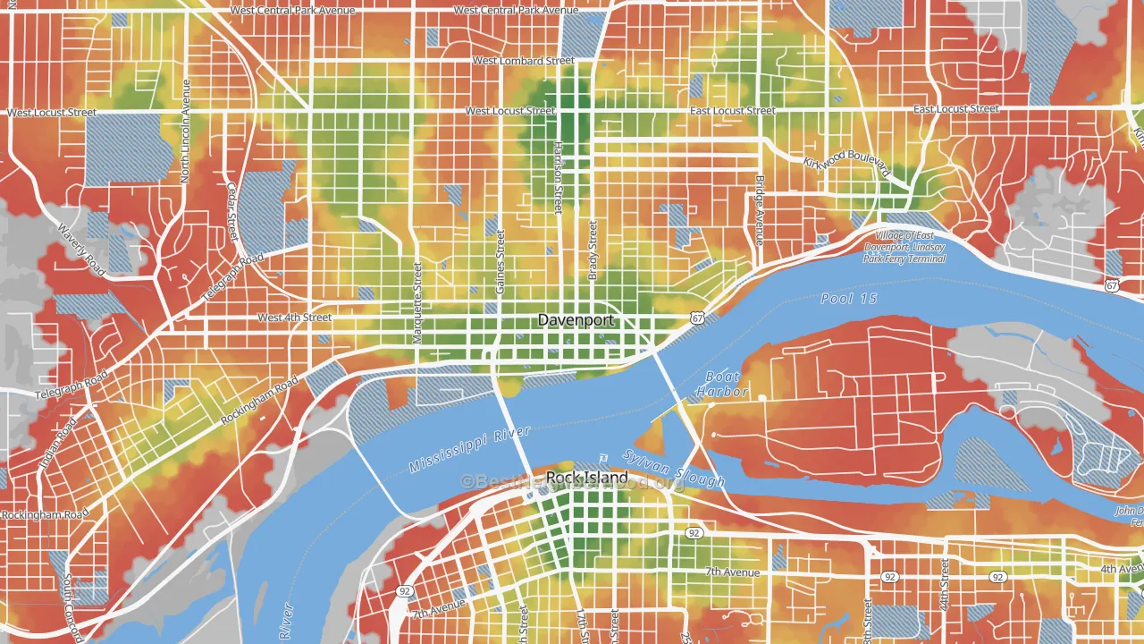 Walk Grade map of 52801, IA, walkable areas in green and car-dependent areas in red