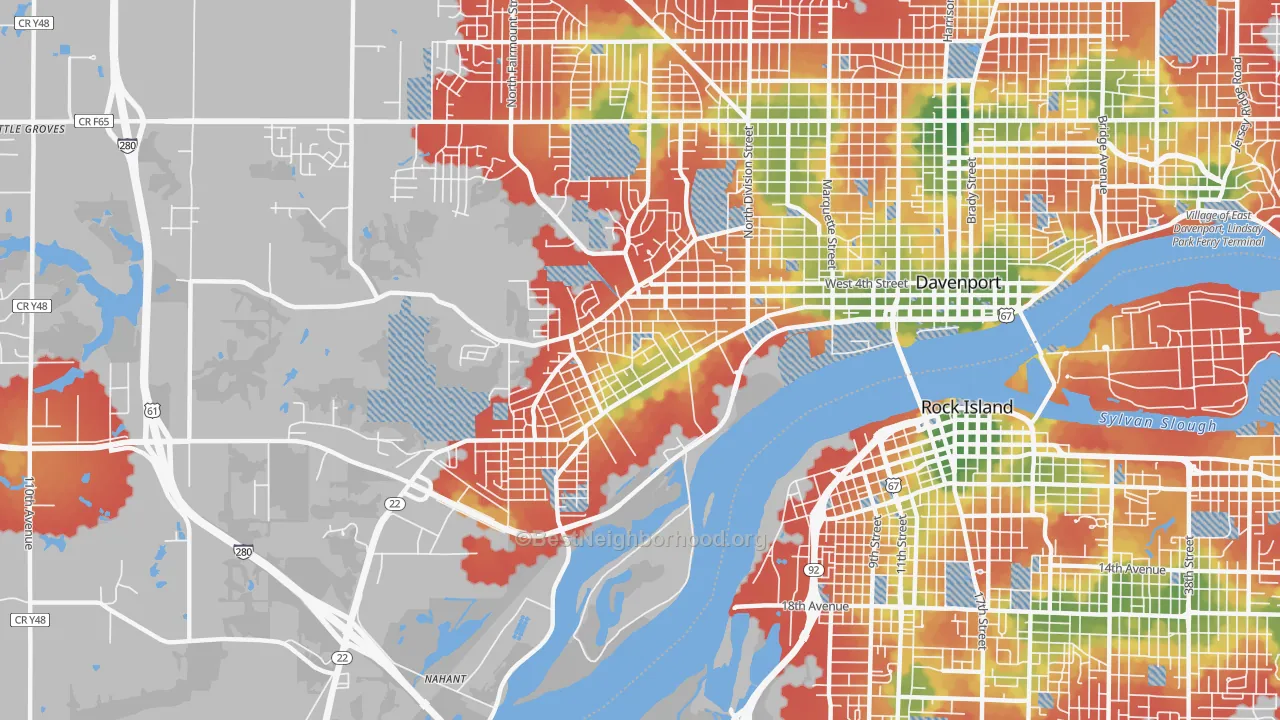 Walk Grade map of 52802, IA, walkable areas in green and car-dependent areas in red