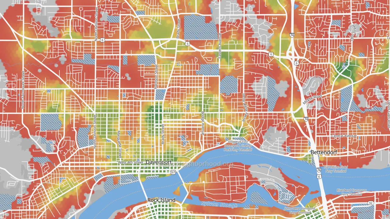 Walk Grade map of 52803, IA, walkable areas in green and car-dependent areas in red