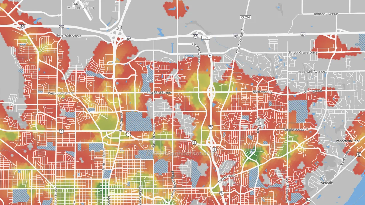 Walk Grade map of 52807, IA, walkable areas in green and car-dependent areas in red