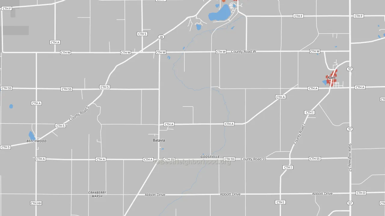 Walk Grade map of 53001, WI, walkable areas in green and car-dependent areas in red