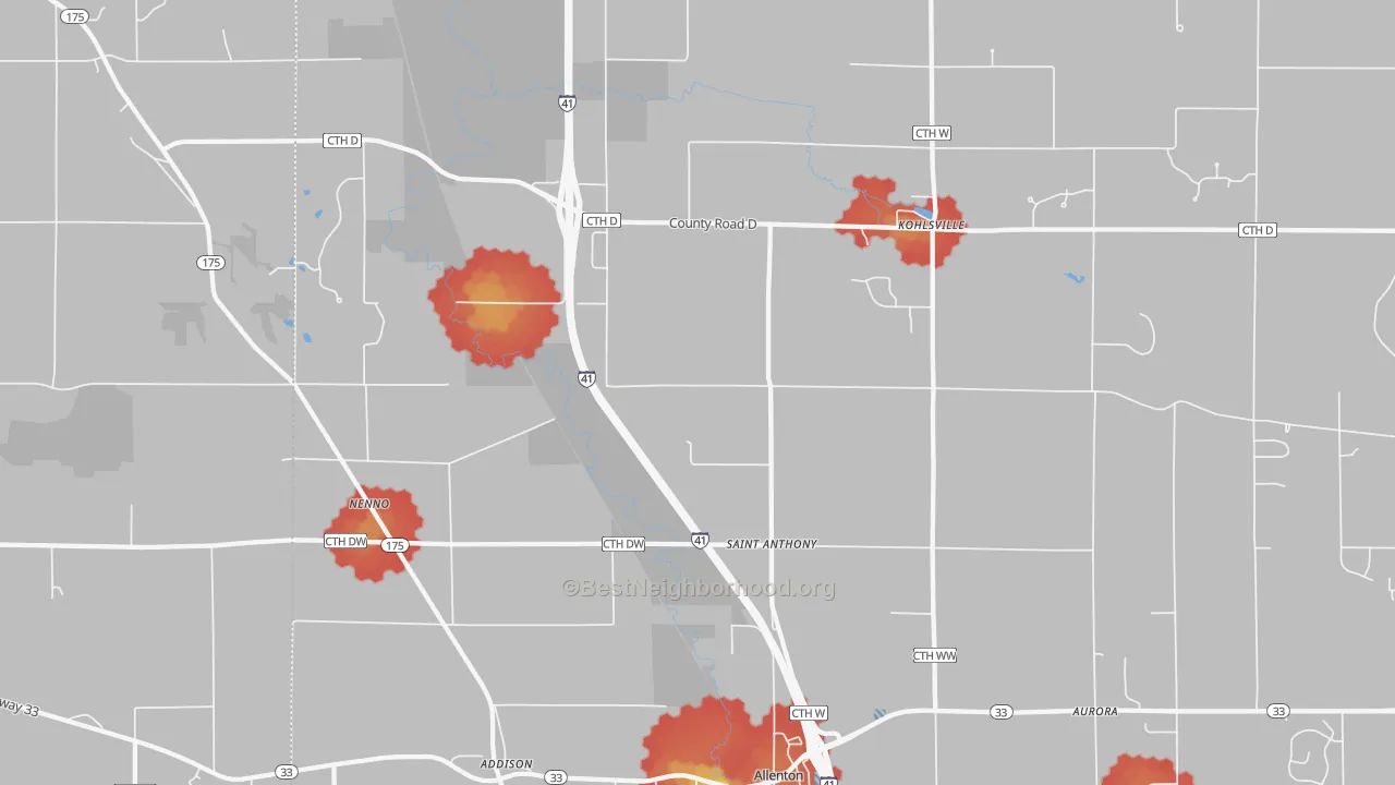 Walk Grade map of 53002, WI, walkable areas in green and car-dependent areas in red