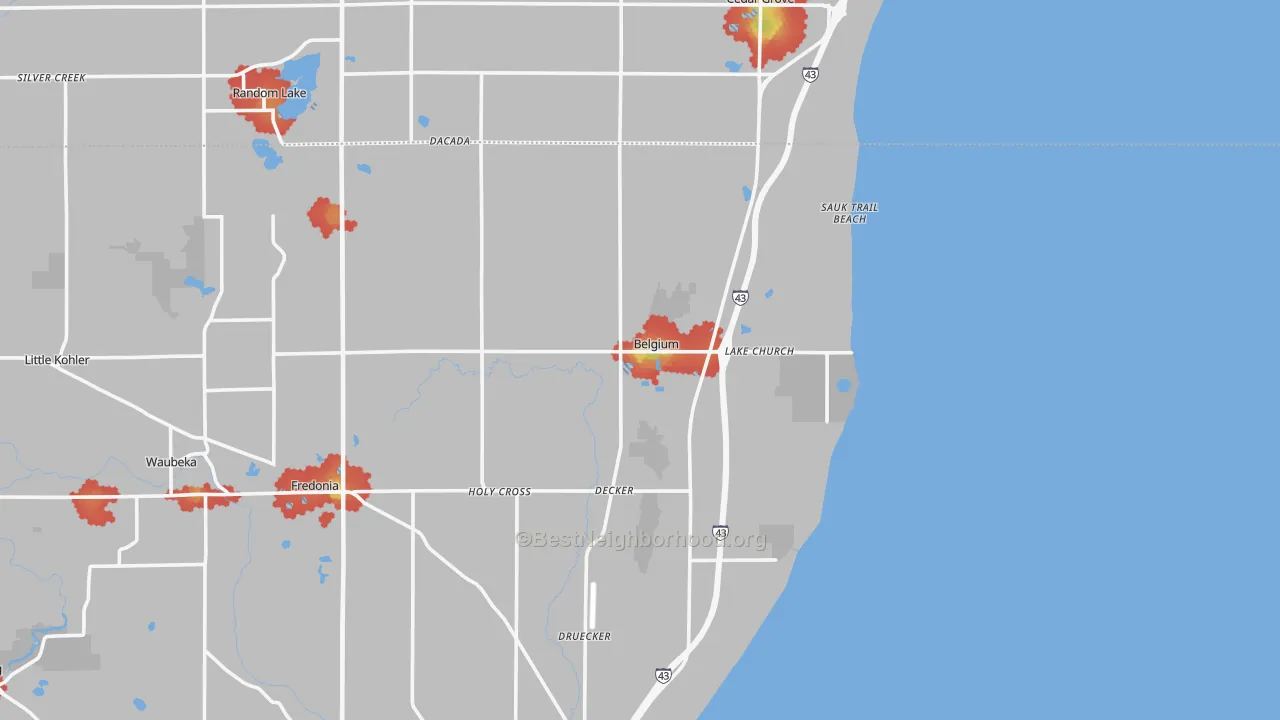 Walk Grade map of 53004, WI, walkable areas in green and car-dependent areas in red