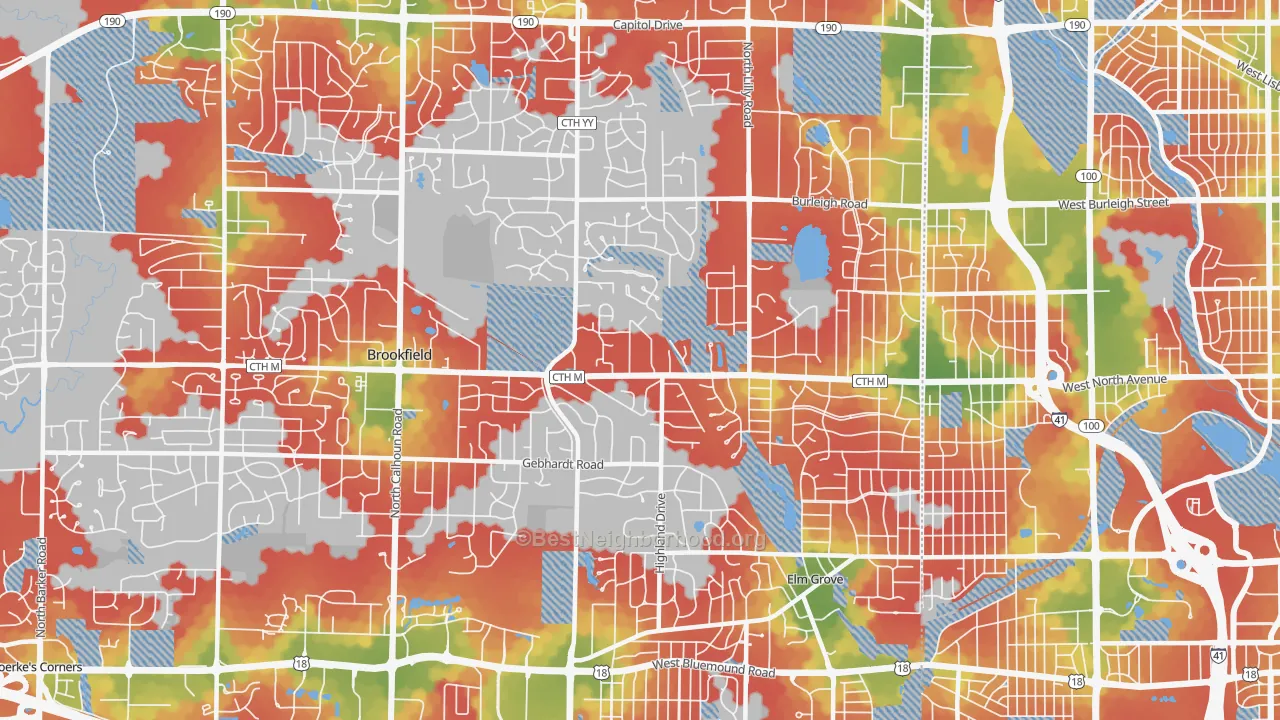 Walk Grade map of 53005, WI, walkable areas in green and car-dependent areas in red